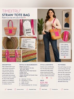 Time and Tru Straw Tote with Pink Handles and Multicolor Stripes